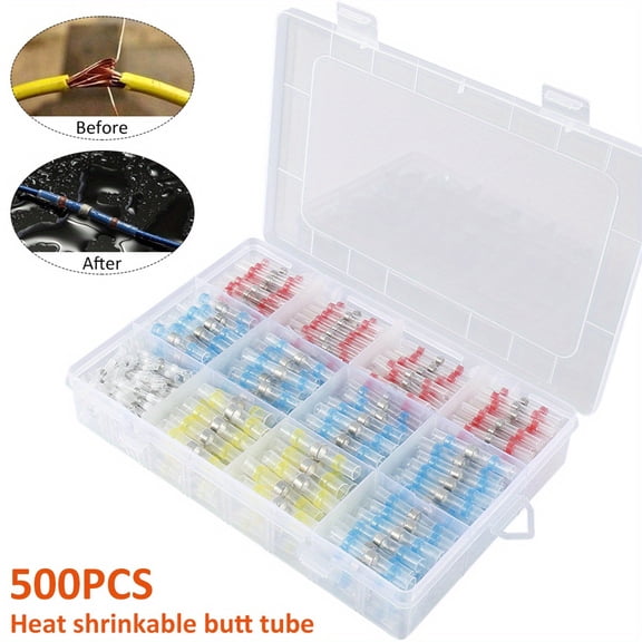 500pcs Solder Seal Wire Connector Waterproof Heat Shrink Butt Connector Insulated Electrical Wire Terminal Solder Sleeve Solderstick Electric Butt Splice Kit for Marine Automotive
