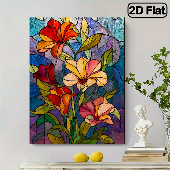 500pcs Stained Glass Flower Jigsaw Puzzle Suitable for Family Bonding, Challenging Abstract Floral Design with Colorful Pieces, Portable Brain for , Base for, Travel, or Group Activity