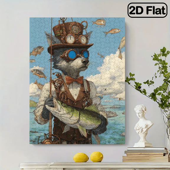 500pcs Steampunk Wolf Gears Puzzle - Victorian-Inspired Adult with Fish River Scene, Goggles-Wearing Wolf, Durable Large-Scale Brain Teaser for Adults Families,