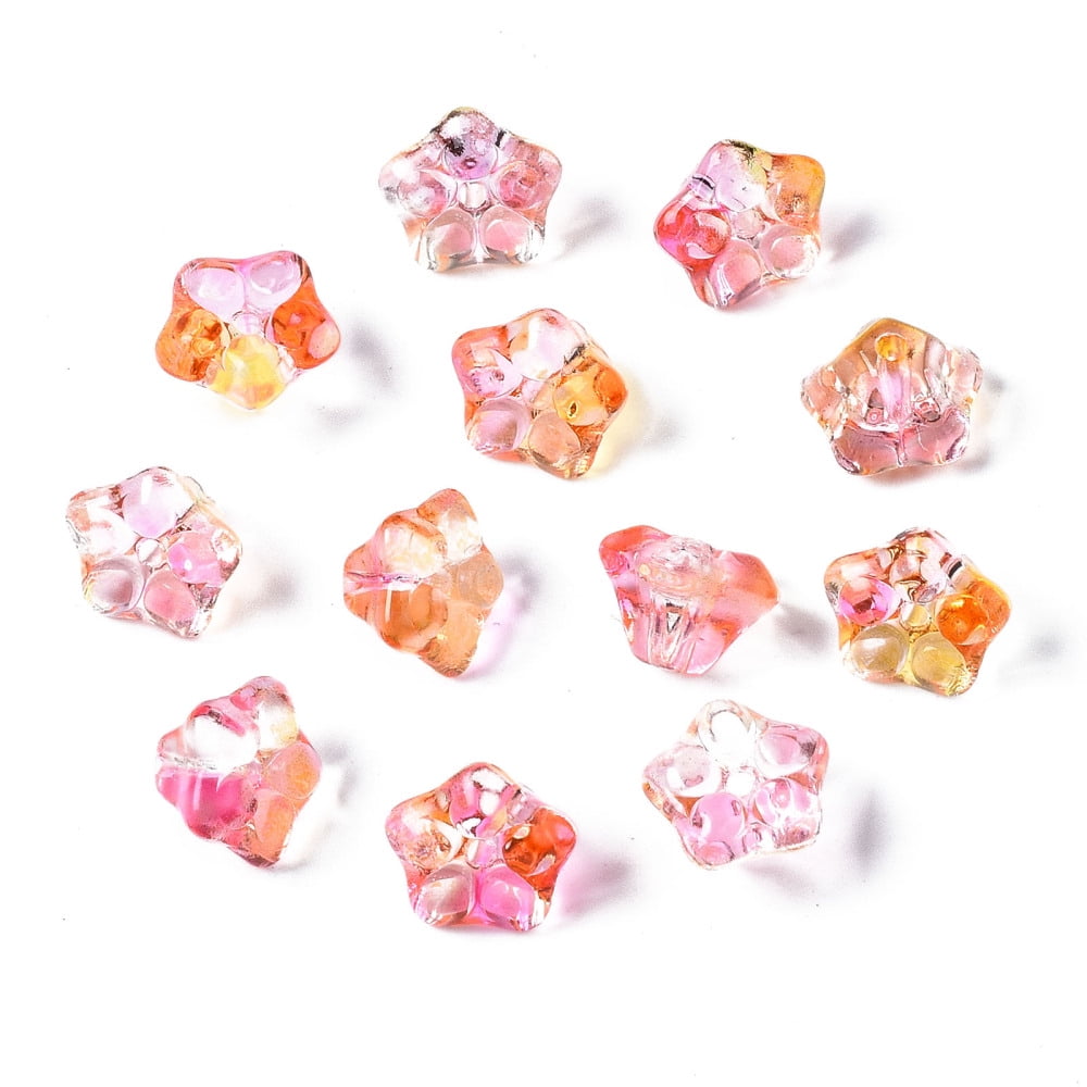 500pcs Two Tone Transparent Spray Painted Glass Beads Flower Hot Pink 10x10x7mm Hole: 1.2mm