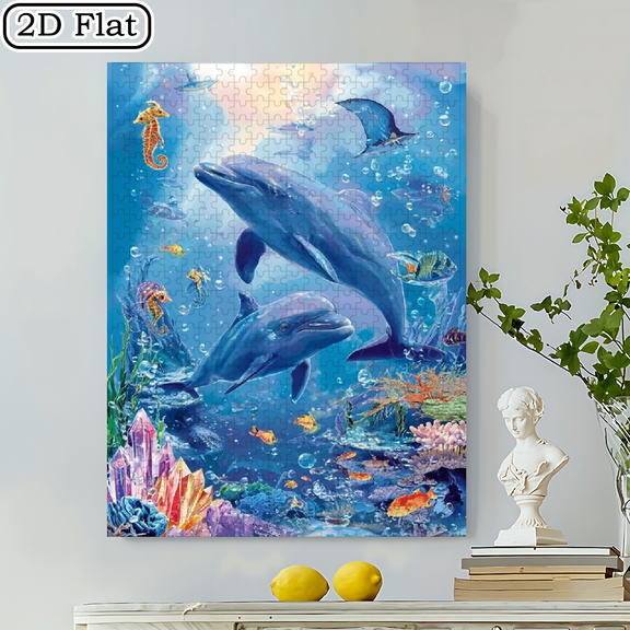 500pcs Underwater World Puzzle - Large Ocean Theme with Dolphins, Fish, Seahorse, Turtle Coral Reef - Recycled Cardboard Board Game for Family Fun.