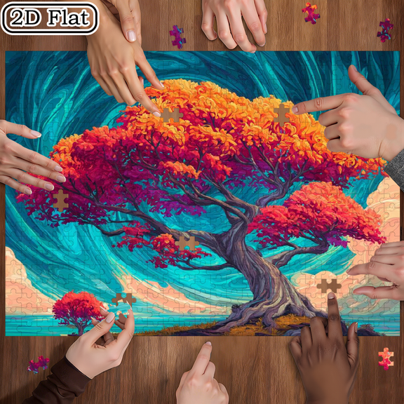 500pcs Vintage Tree of Life Jigsaw Puzzle Multicolor (Purple, Orange, Pink, Blue, Green, Black, White, Golden, Red, Brown) - Challenging Puzzle for Family Game Nights,20.4*14.9 in.