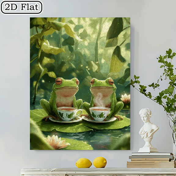 500pcs Whimsical Frog Tea Time Puzzle 20.4*19.4 Inches, Cardboard Material, Portable Jigsaw, High-Difficulty For Adults Family, Ideal For New Year, Couple, Gamer, Birthday Gift, Art Enthusiasts, C