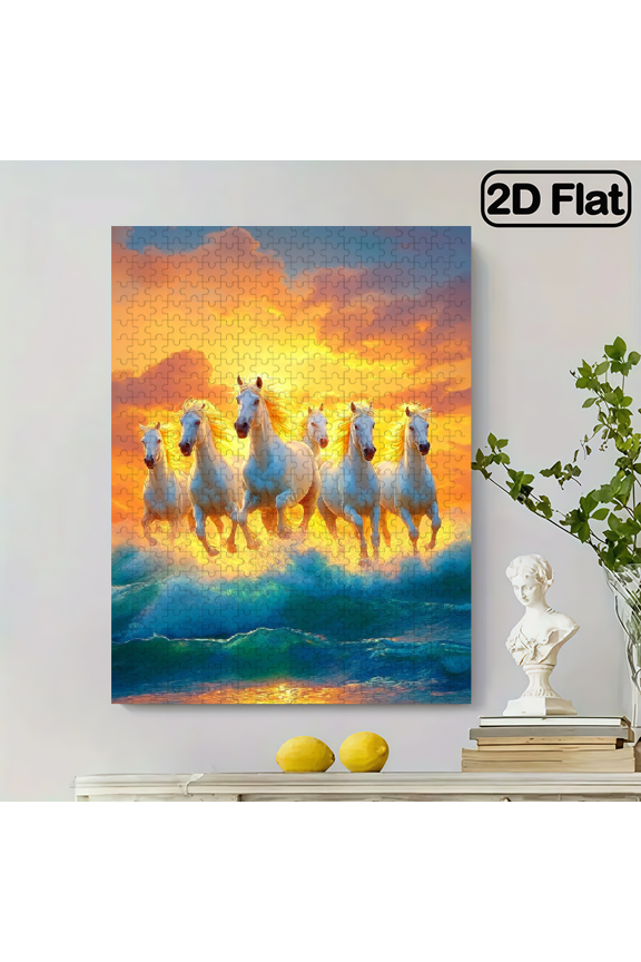 500pcs White Horse Ocean Puzzle, High Difficulty Challenge for Families, Perfect Golden Light Shadow Scene, Great Art Lovers Gift