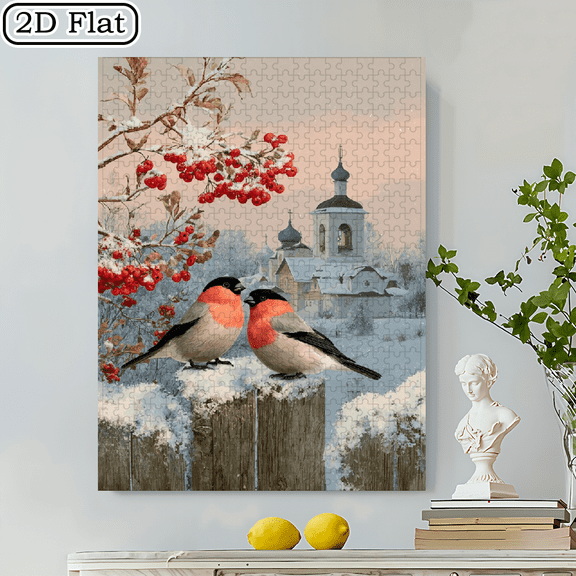 500pcs Winter Bullfinches Jigsaw Puzzle Large Family Board Game Challenging Activity Suitable for , Scratch Pieces, Vibrant Snowy Bird Pattern with Bullfinches, 20.4*14.9 in.