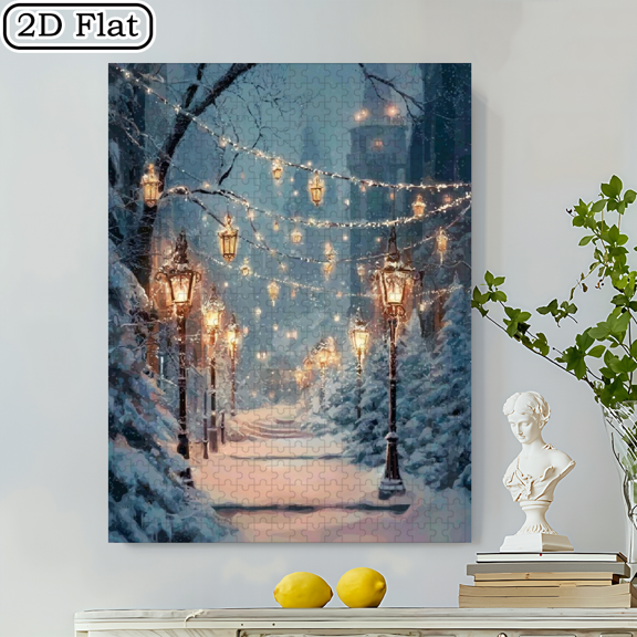500pcs Winter Snow Scene Puzzle with Glowing Lanterns String Lights - Large Square for Families, Portable DIY Wall Art, Challenging 500pcs Cube (Beginner-Friendly), Holiday Gift, High-Quality Pape