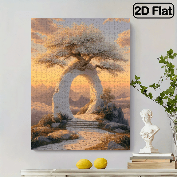 500pcs Zen Stone Arch Cherry Blossom Puzzle - Zen Scenery with Cherry Blossoms, Portable Rectangular Brain Teaser Suitable for Families. 20.4x14.9 in