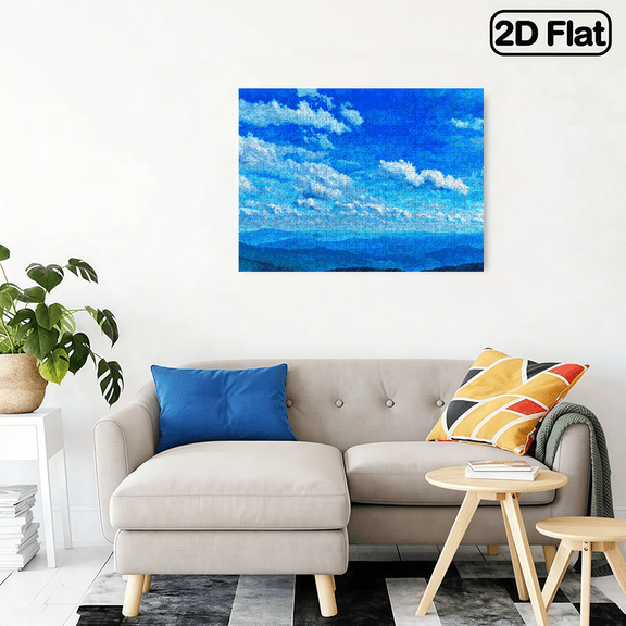 500pcs jigsaw puzzle a difficult puzzle to train endurance and logical thinking. watercolor style with rolling mountains and green foothills under a blue sky and white clouds.