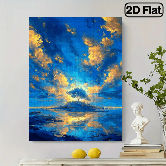 500pcs jigsaw puzzle - a difficult puzzle that trains endurance and logical thinking - the sun shines on the lonely tree and island under the blue sky and Golden clouds, 20.4*14.9 in.