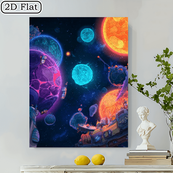 500pcs puzzle - space scene with colorful planets sun and mechanical devices dotted with stars. Brain puzzle with colorful illustrations high-quality family activity game educational and relaxing