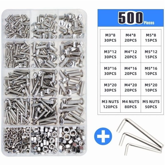 500pcs stainless steel box set m3m4m5 round head bolt screw nut disc head inner hexagon screw