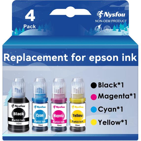 Nysfou Ink Bottle Replacement for Epson Ecotank Refill Ink for ET-15000 ET-2760 ET-3710 ET-2750 ET-3700 ET-4760 ET-3750 Printers (Black, Cyan, Magenta, Yellow, 4 Pack)