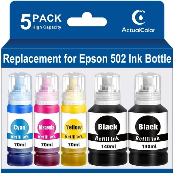 ACTUALCOLOR C Refill Ink Bottle Replacement for Epson 502 Ink Bottle for EcoTank ET-4760 3850 Printer, 5 Bottle