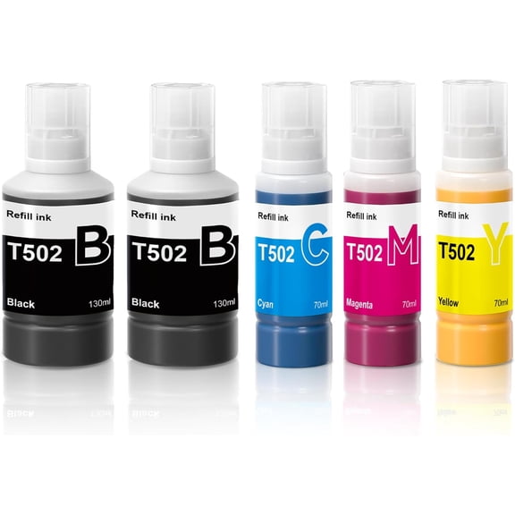 502 Ink Refill Bottles 5 Pack Replacement for 502 Ink for EcoTank ET-3850 ET-2850 ET-4850 ET-2800 ET-2760 ET-3760 Printer (Non-Sublimation Ink, 2Black, Cyan, Magenta, Yellow)