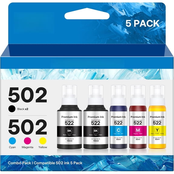 502 Ink Refill Bottles Compatible with ET-2850 ET-3760 ET-4850 Replacement for 502 Ink (5 Bottles) for ET-2700 ET-2750 ET-2760 ET-3700 ET-3710 ET-3750 ET-3830 ET-3850 ET-4750 ET-4760 ET-15000 Printer