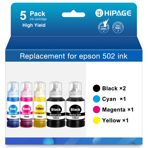 502 Ink Replacement for Epson 502 Ink Bottles (Black Cyan Magenta Yellow, 5 Pack)