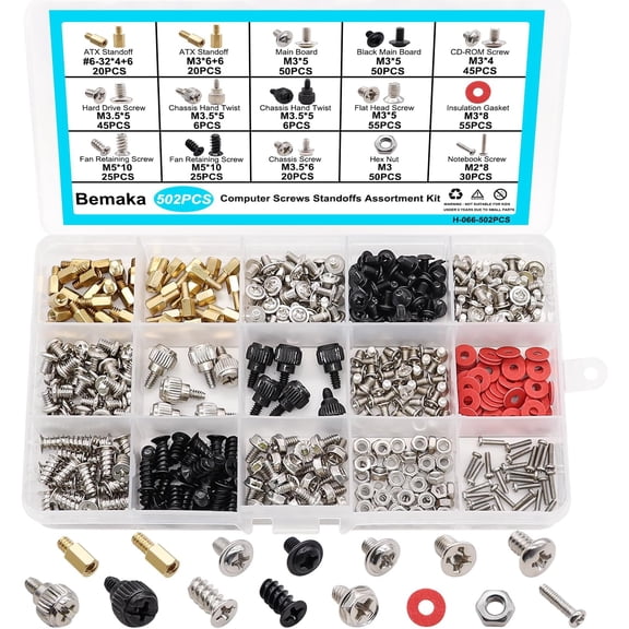 502PCS Computer Screws Assortment Kit, Motherboard Standoffs Screws PC Screws for PC Fan, PC Case, HDD Hard Drive, Laptop, SSD, CD-ROM, Used for DIY Installation & Repair of Computer Parts