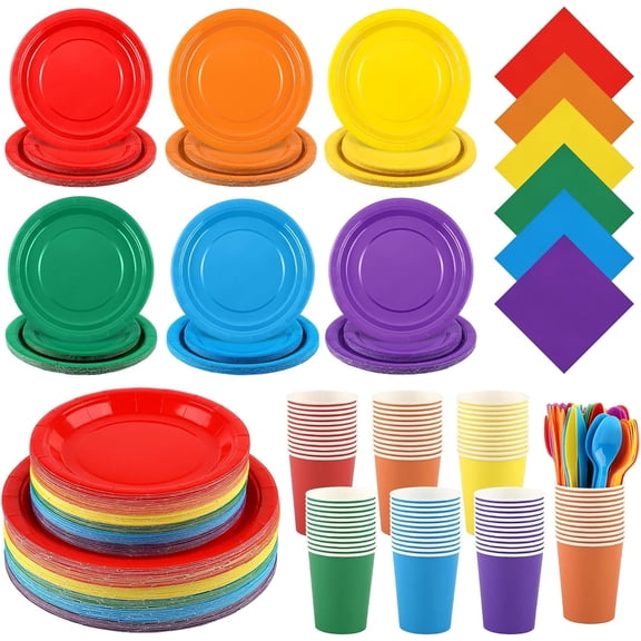 504-Piece Rainbow Disposable Paper Tableware Set with 7 Inch and 9 Inch Plates, Cups, Napkins, and Cutlery