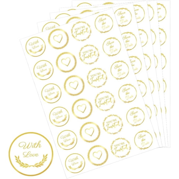 504Pcs Gold Foil Heart Stickers Embossed Envelope Seals Self-Adhesive Foil Paper Round Clear Heart Labels Stickers for DIY Photo Album Envelope Invitation Card Diary Scrapbook Decoration for DIY