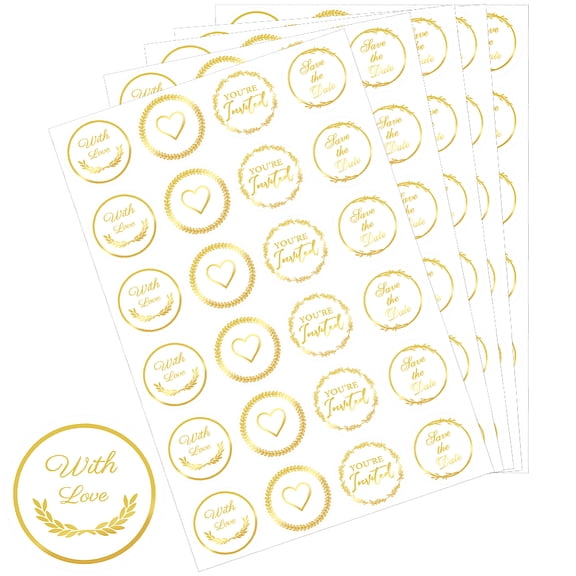 504Pcs Gold Foil Heart Stickers Embossed Envelope Seals Self-Adhesive Foil Paper Round Clear Heart Labels Stickers
