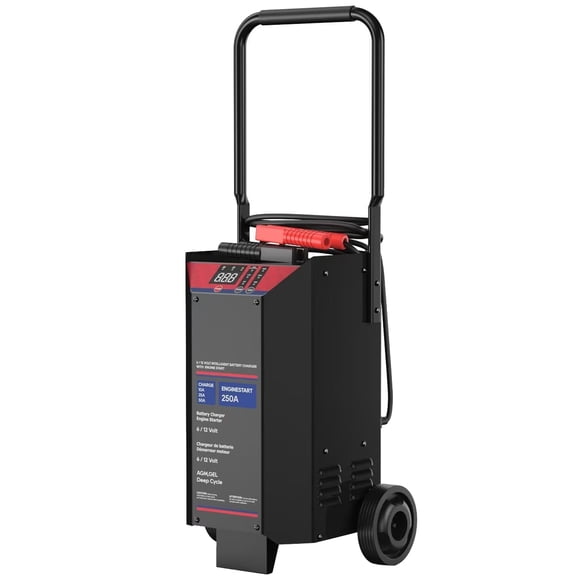50 Amp Wheeled Battery Charger with 250A Engine Jump Start, 6V/12V, Smart Charging, AGM GEL Deep Cycle Compatible
