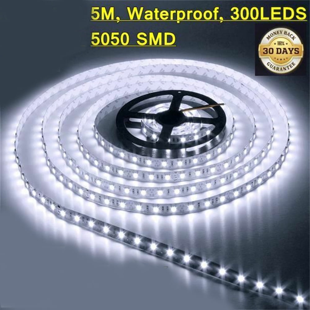 5050 White SMD 16.4ft 60LEDs/m 300 LED Tape Lights IP65 Silicone Coating Waterproof White PCB DC12V for Bedroom Kitchen Decoration