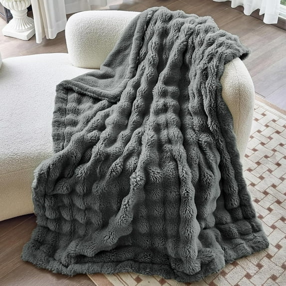 Parojati 50*60 Faux Fur Throw Blanket for Couch - Extra Soft Fluffy Warm Bubble Design Throw for Couch, Sofa, Travel and Versatile Use for Bedroom, Living Room, Farmhouse, Grey