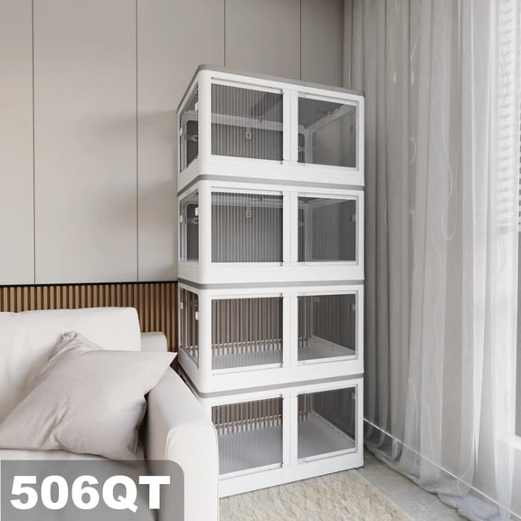 506QT 3-Pack Transparent Stackable Storage Bins with 5 Doors to Open with Wheels, Folding Plastic Craft Containers Large Closet Organizers Box for Bedrooms Living Rooms,White