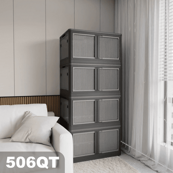 506QT 4-Pack Transparent Stackable Storage Bins with 5 Doors to Open with Wheels, Folding Plastic Craft Containers Large Closet Organizers Box for Bedrooms Living Rooms Study Kids' Toys, Black