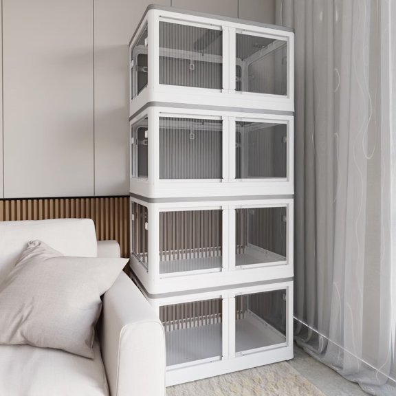 506QT Plastic Storage Bins with Lids, 4 Pack Stackable Collapsible Storage Bins for Closet Organizers and Storage, Folding Storage Boxes Open Front Cabinets with Doors and Wheels, White