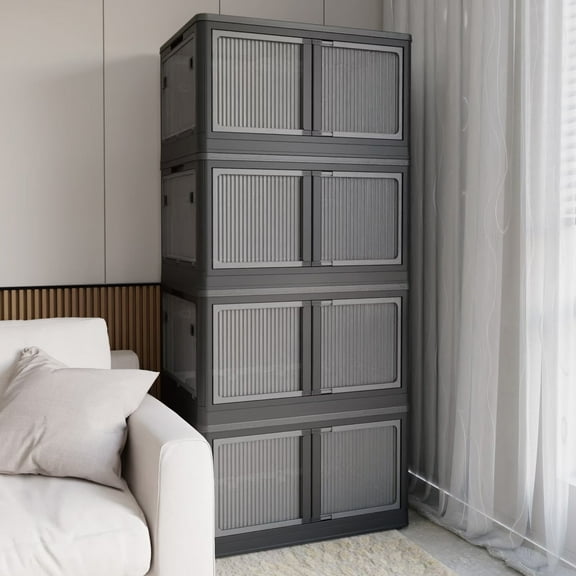 506QT Plastic Storage Bins with Lids, 4 Pack Stackable Collapsible Storage Bins for Closet Organizers and Storage, Folding Storage Boxes Open Front Cabinets with Doors and Wheels, Black