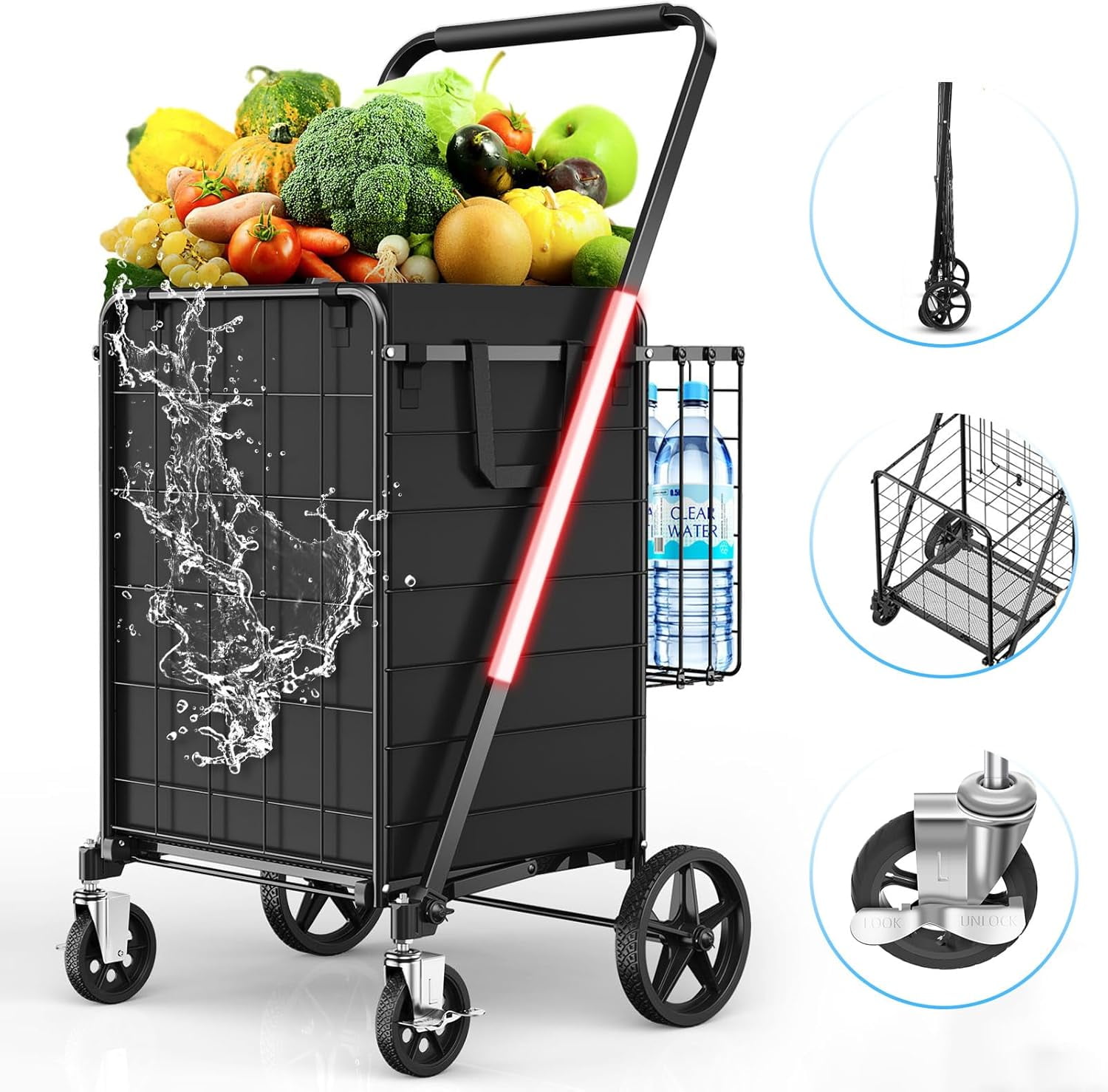 Folding Grocery Cart with Braked 360° Swivel Wheels – Large Heavy Duty Shopping Cart with Double Basket, Waterproof Liner, 420lbs Capacity – Portable Utility Cart for Laundry & Travel, Black