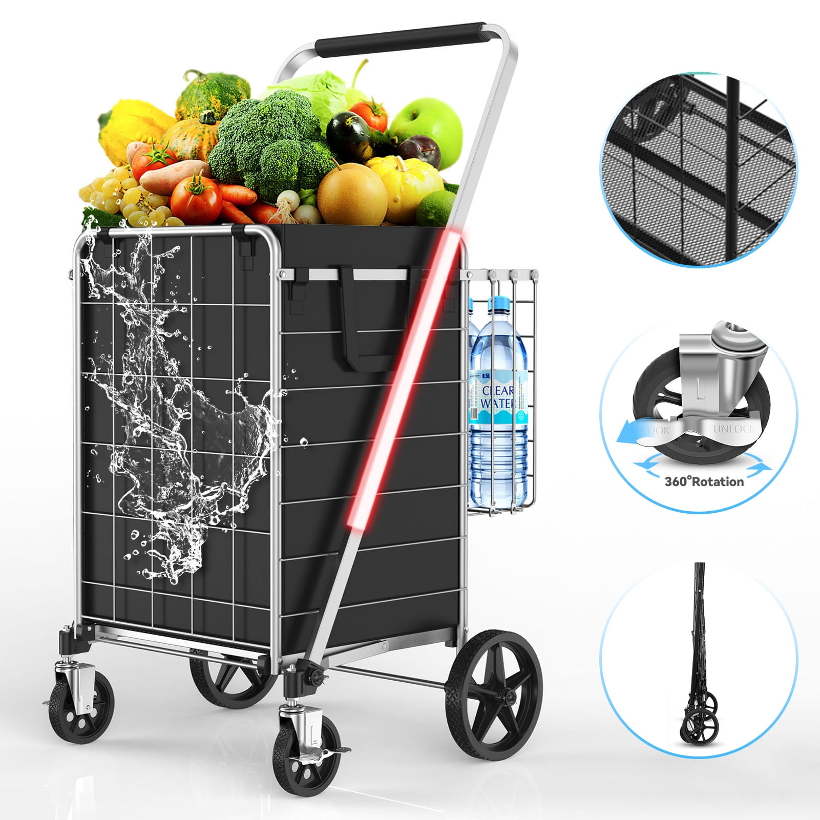 Folding Shopping Cart with Braked 360° Swivel Wheels – Large Heavy Duty Shopping Cart with Double Basket, Waterproof Liner, 420lbs Capacity – Portable Utility Cart for Laundry & Travel, Silver
