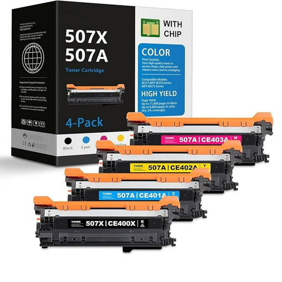 507X 507A Toner Cartridges 4-Pack (BK/C/M/Y) High Yield Replacement for HP 507X Toner & 507X Ink, Compatible with Color M551, MFP M570, MFP M575 Series Printer (CE400X, CE401A, CE402A, CE403A)