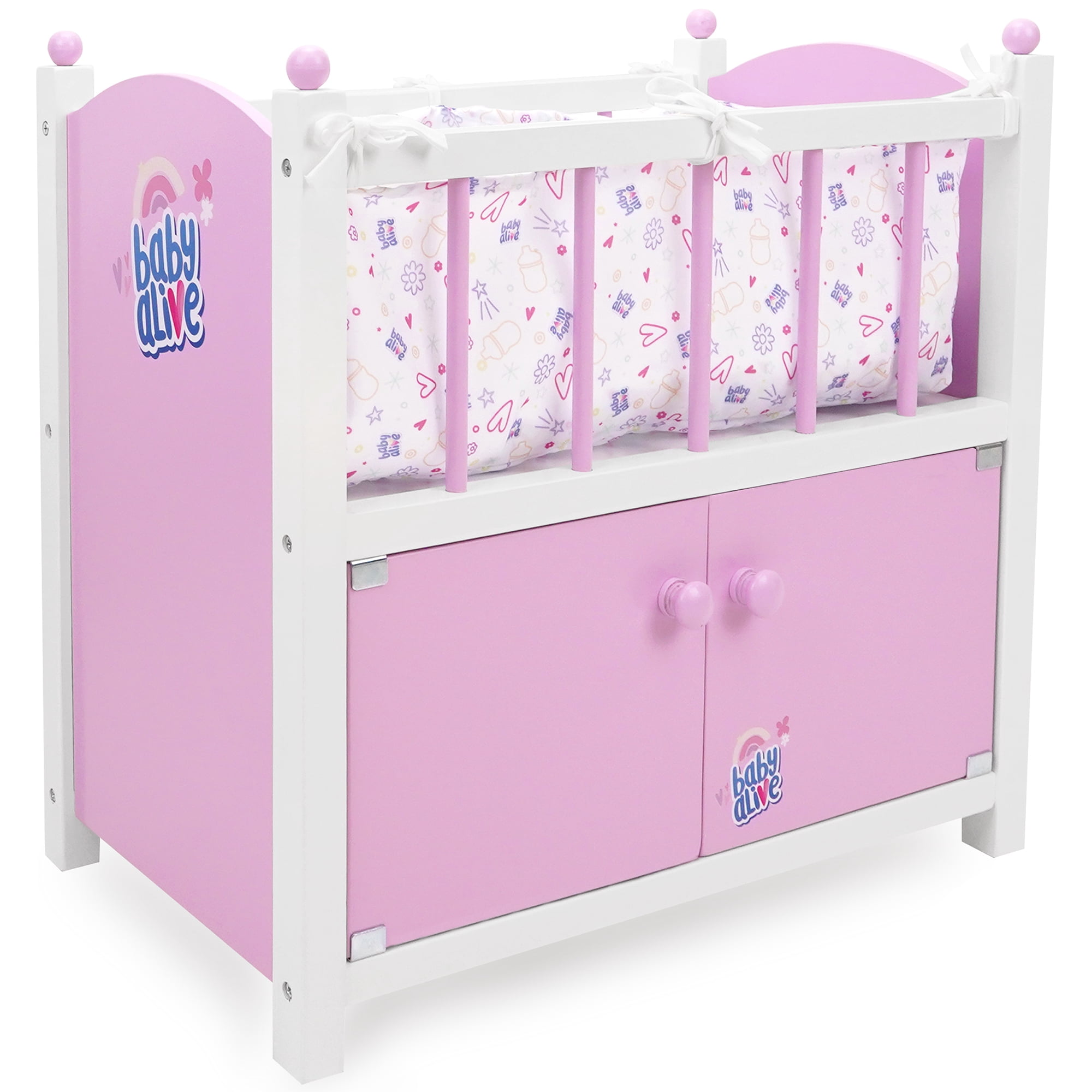 509 Crew: Baby Alive - 2-In-1 Wooden Doll Crib - Pink-White-Purple, Built-In Storage Cabinet, Pillow-Blanket, Doll-Plush Sleep Accessory Toy, Kids 3+