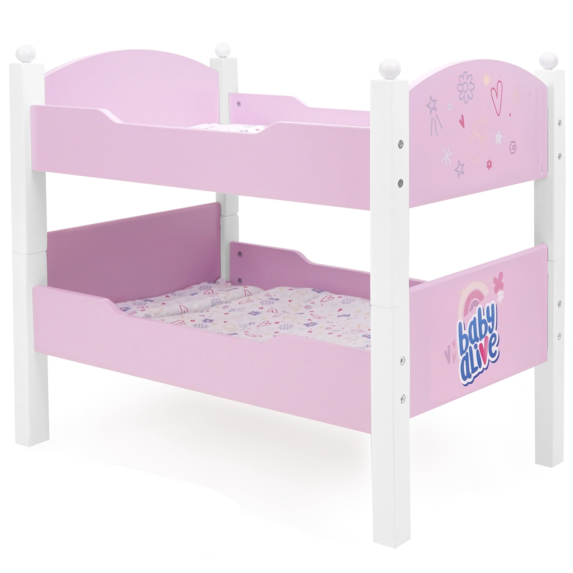 509 Crew: Baby Alive - Wooden Doll Bunk Bed - Pink-White-Purple, Convertible to Single Beds, Blankets & Pillows, Doll Sleep Accessory Toy, Kids 3+