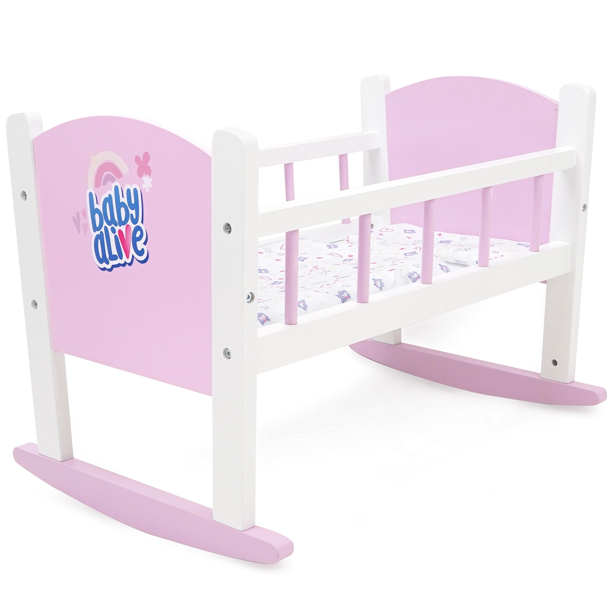 509 Crew: Baby Alive - Wooden Doll Cradle - Pink-White-Purple, Rocking Bed, Pillow & Blanket, Doll & Plush Sleeping Accessory, Roleplay Toy, Kids 3+