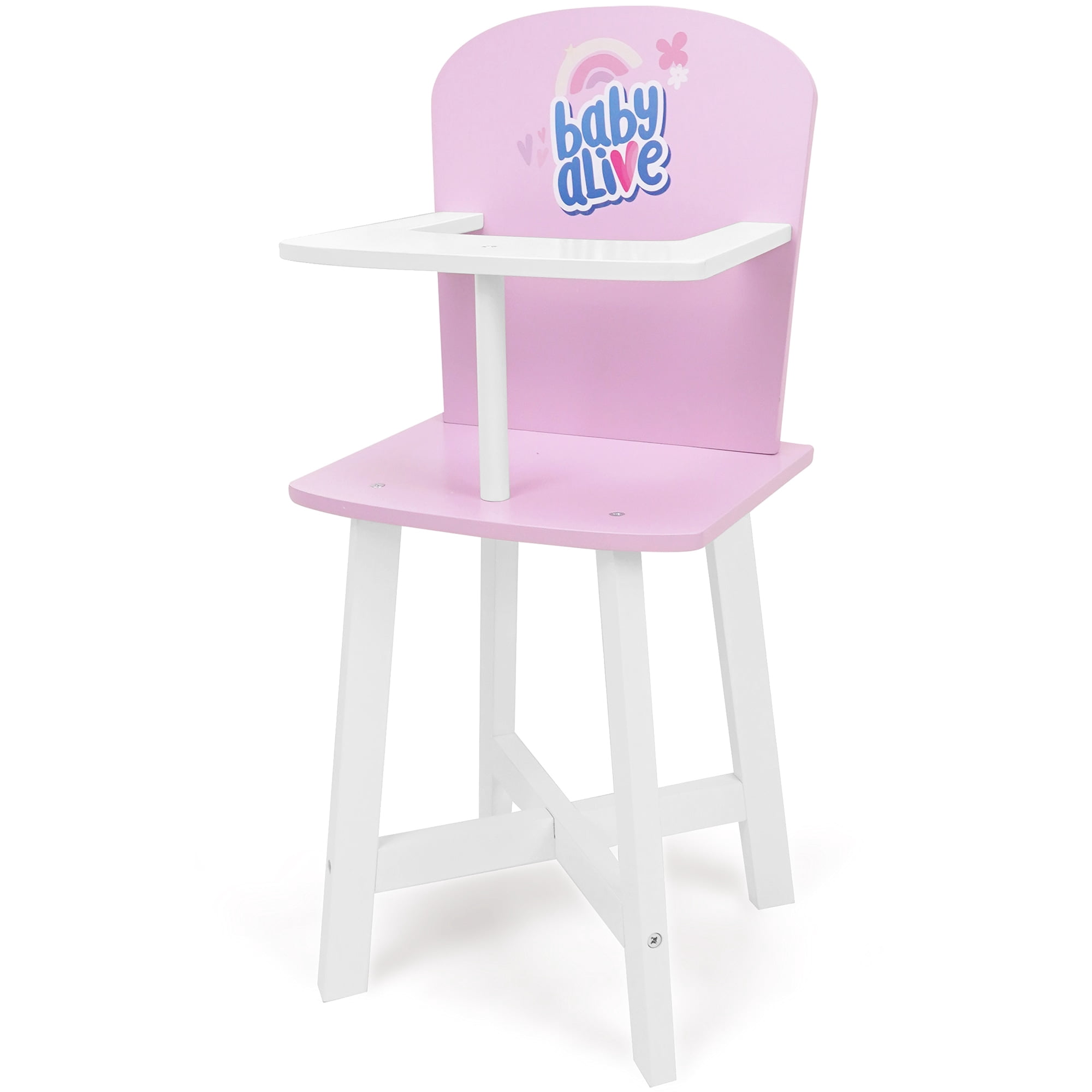 509 Crew: Baby Alive - Wooden Doll High Chair - Pink-White-Purple, Secure Seating, Doll & Plush Feeding Accessory, Nurturing Roleplay Toy, Kids 3+