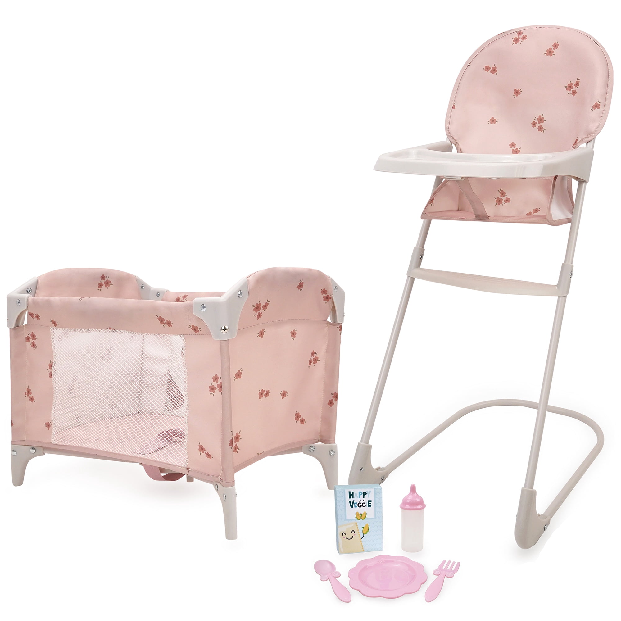 509 Crew: Ballet Flora - Feed N' Care Set - Soft Pink & Flowers, 7pc Play & Feeding Doll Accessories, Highchair & Foldable Play Yard, Roleplay, Kid 3+