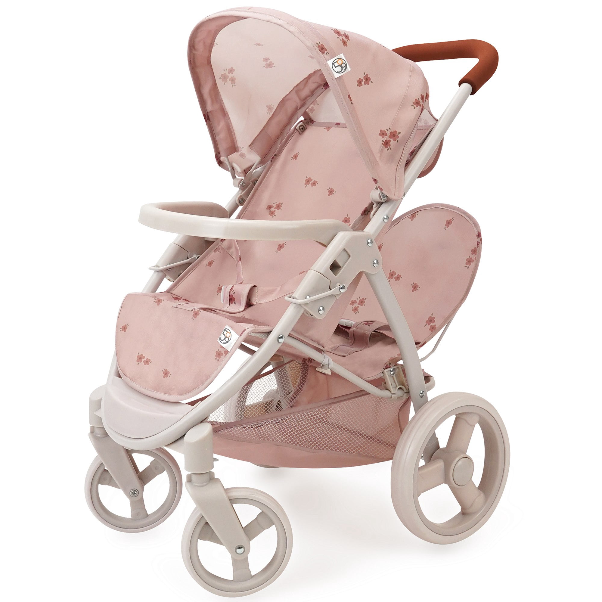 509 Crew: Ballet Flora - Mabelle Duo Twin Doll Stroller - Soft Pink & Flowers, Sun Canopy, Storage Basket, Foldable, Doll Care Accessory Toy, Kids 3+