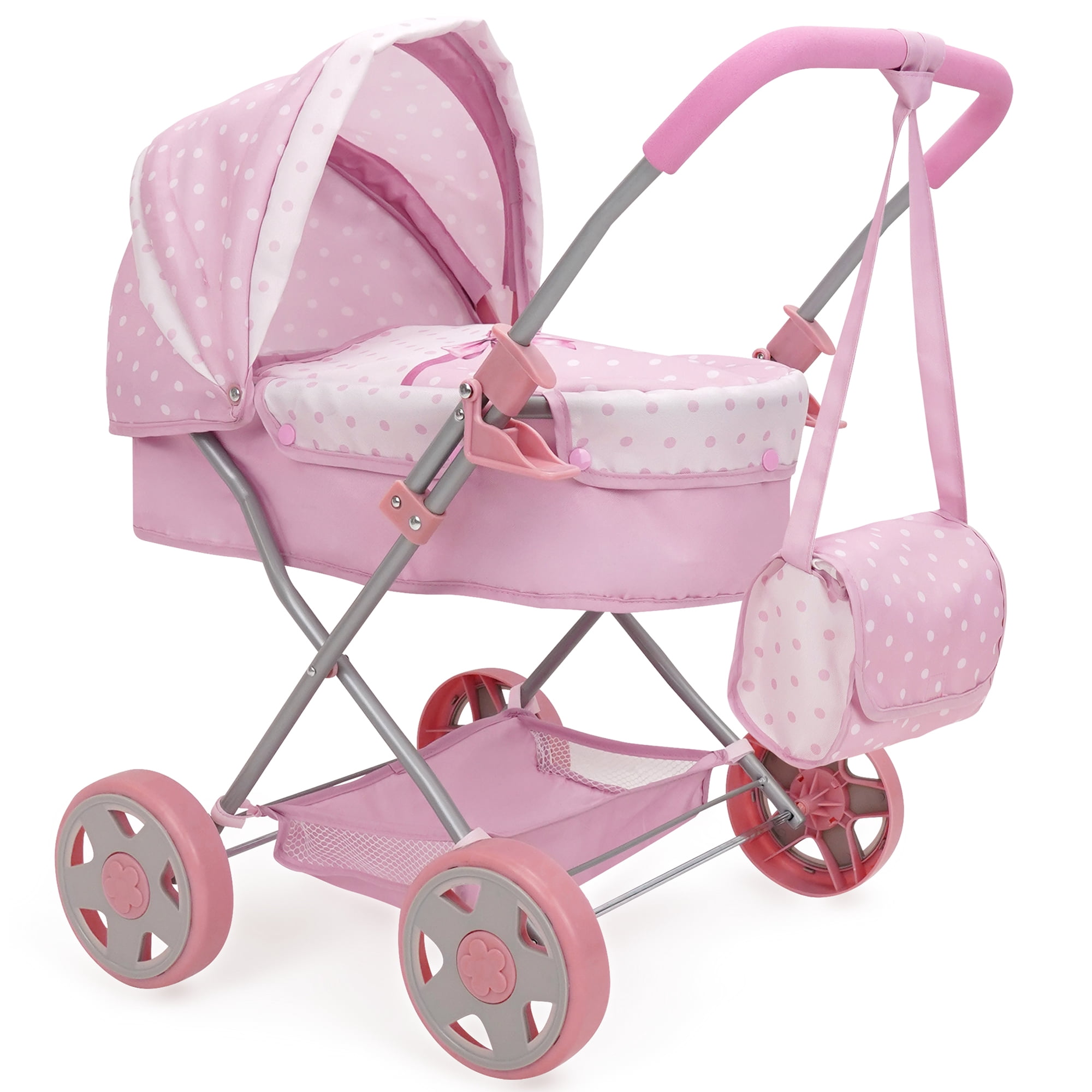 509 Crew: Bow Daisy Doll Pram - Pink & White, Handbag, Removable Bassinet, Canopy, Foam Handle, Push Stroller, Foldable, Doll Accessory Toy, Kids 3+