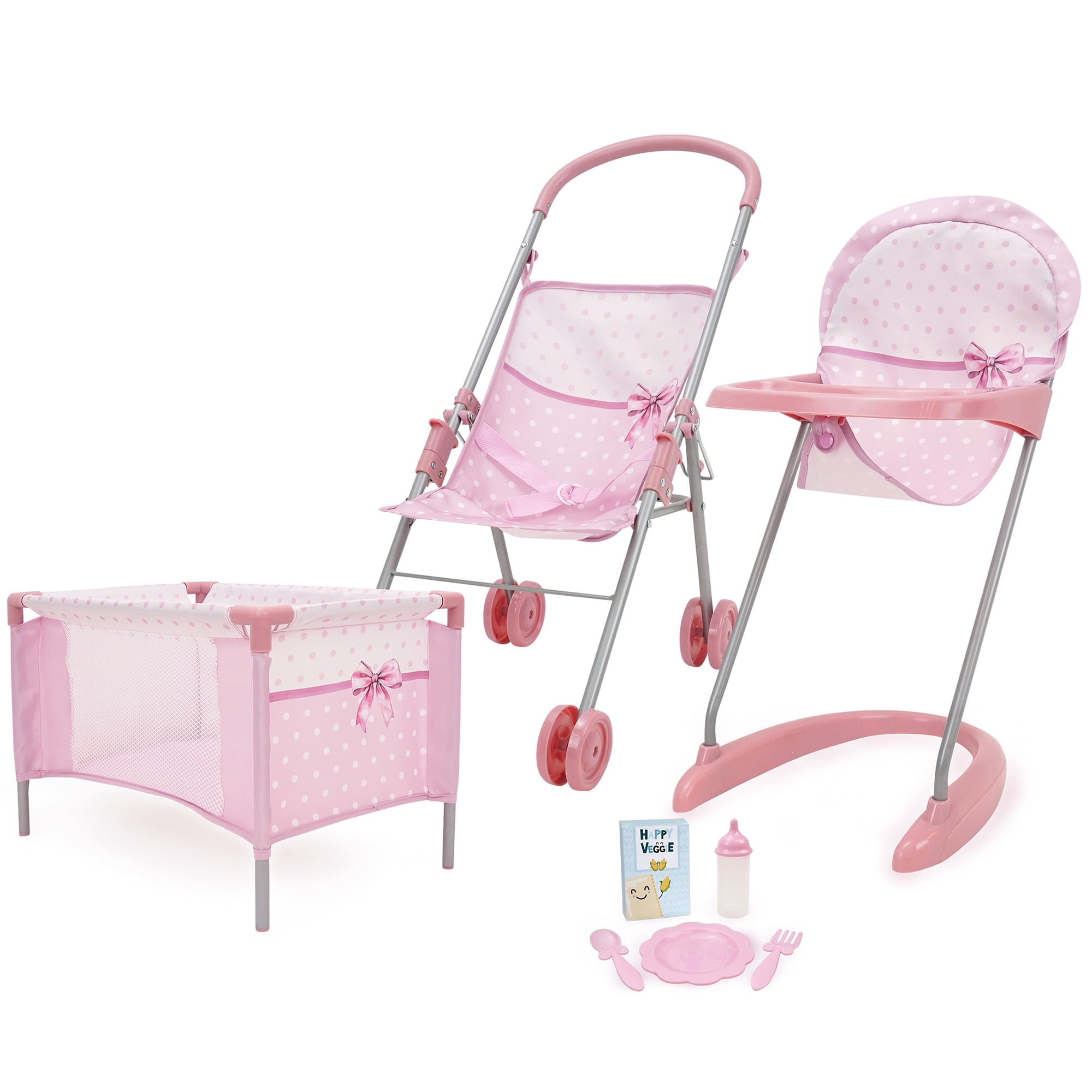 509 Crew: Bow Travel Care n Feed Set - Pink & White, 8pc On-the-Go Doll Accessories, Highchair-Umbrella Stroller-Play Yard, Doll Roleplay Toy, Kids 3+
