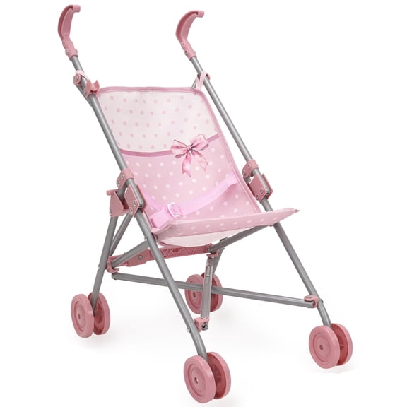 509 Crew: Bow Umbrella Doll Stroller - Pink & White, Push Buggy, Secure Safety Harness, Lightweight & Foldable, Roleplay Toy, Doll Accessory, Kids 3+