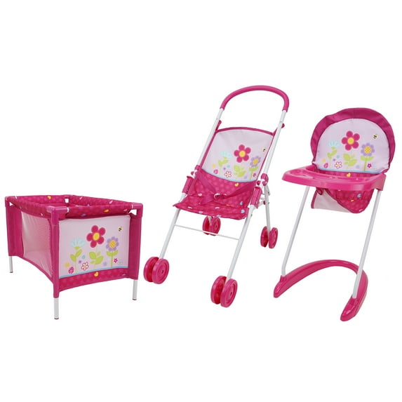 509 Crew Garden 3 Piece Stroll n' Care Doll Play Set- W/ Half Folding Stroller, Play Yard & Highchair, Ages 3+