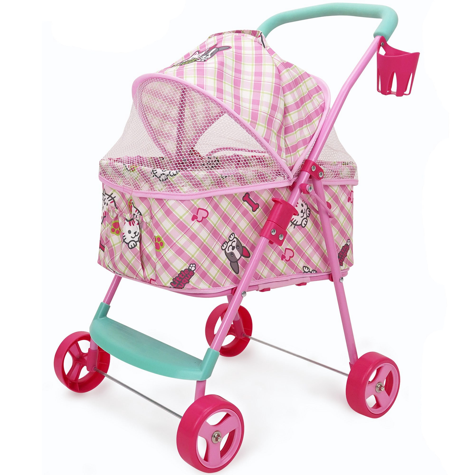 509 Crew: Little Duque 2-In-1 Pet Doll Toy Pram - Pink-Puppy-Kitten Print, Stuffed Animal Stroller w/ Removable Bassinet, Sun Canopy, Roleplay, Kid 3+