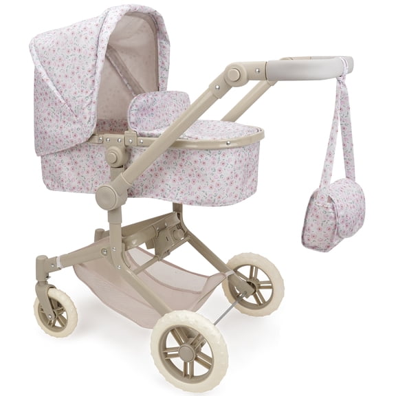 509 Crew: Little Flora - City Park 2-In-1 Doll Pram - Flower-Tan-Pink, Converts Into Jogger, Matching Handbag, Folding Toy Stroller, Basket, Kids 3+