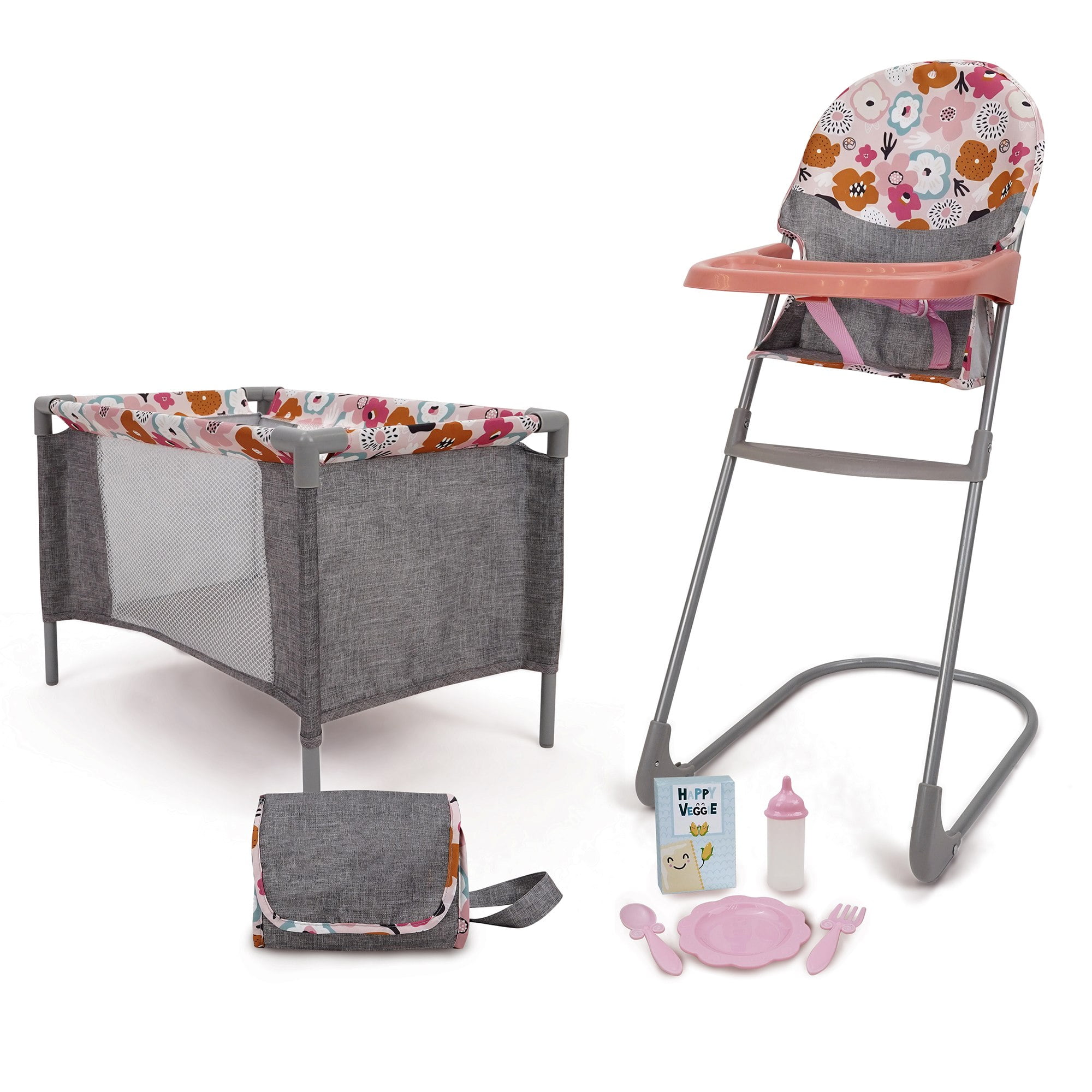 509 Crew: Melange Flora - At Home 8 Piece Set - Highchair, Play Yard, Shoulder Bag, 5pc Feeding Accessories, Fits Dolls Up to 18", Doll Toys, Kids 3+