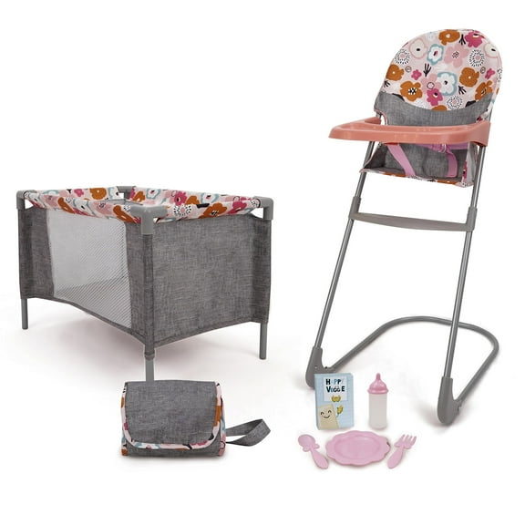 509 Crew: Melange Flora - At Home 8 Piece Set - Highchair, Play Yard, Shoulder Bag, 5pc Feeding Accessories, Fits Dolls Up to 18", Doll Toys, Kids 3+