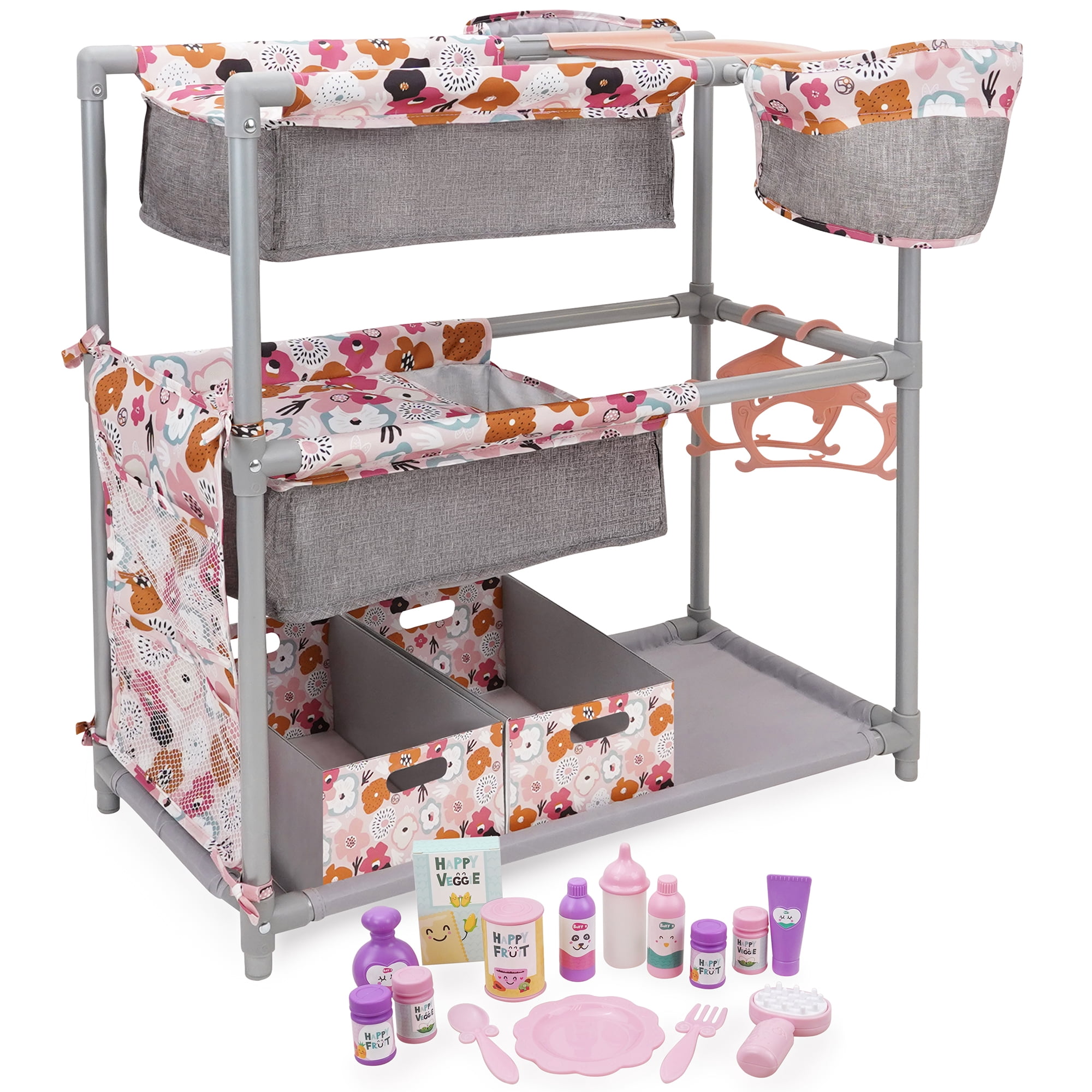 509 Crew: Melange Flora - Twin Center & Accessories Set - Gray-Pink-Flower, Bunk Bed Highchair Station, 15 Feeding-Grooming Accessory Toys, Kids 3+