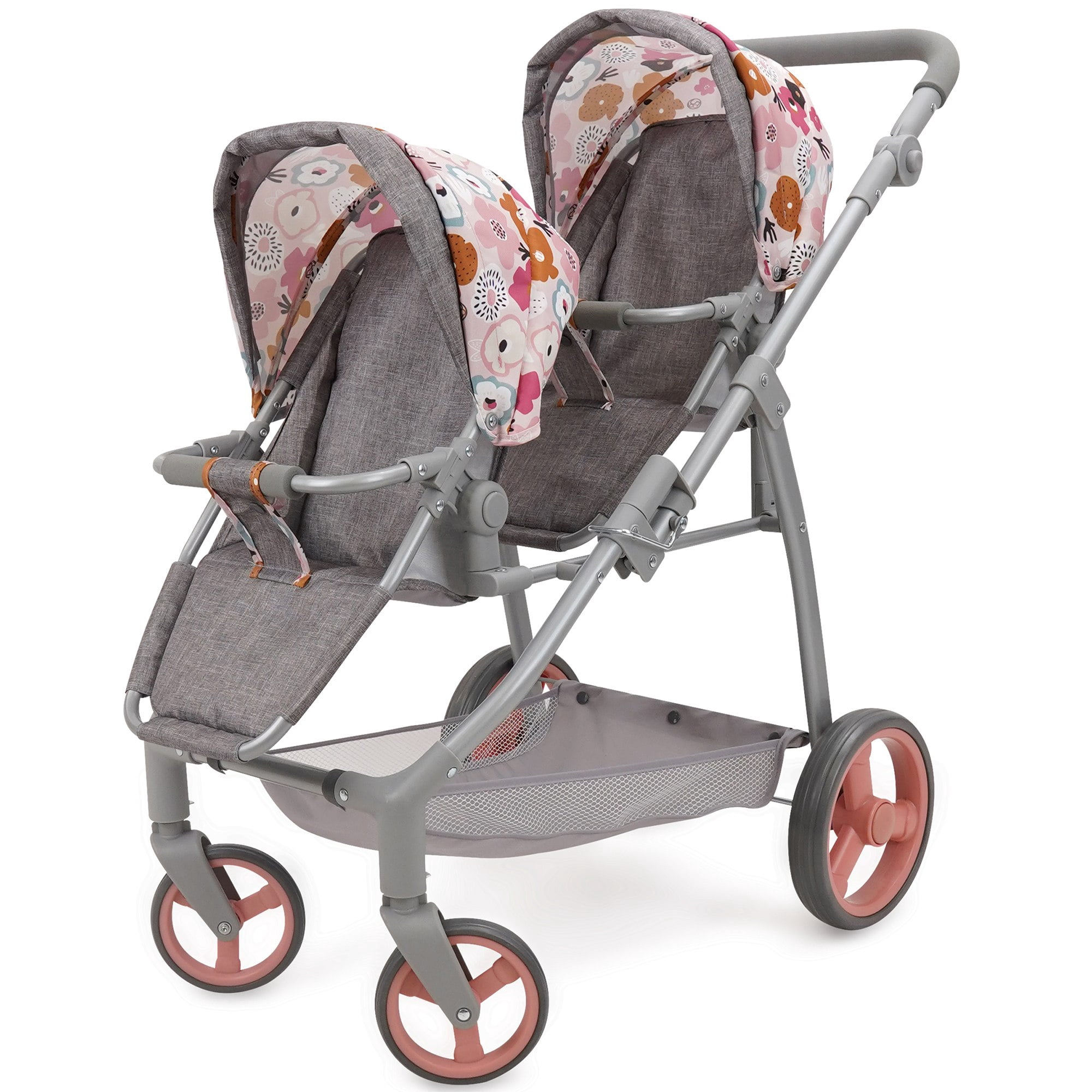 509 Crew: Melange Flora - Twin Doll Shopper Pram - Gray-Pink-Flower, Adjustable Stroller Seating Positions, Canopy-Basket, Doll Accessory Toy, Kids 3+